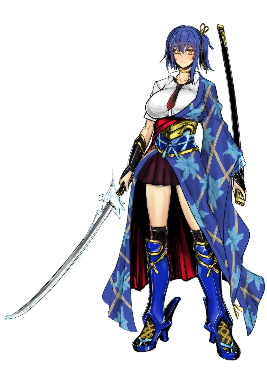 1girl armor blue_hair blue_kimono boots choker closed_mouth collarbone commentary floral_print floral_print_kimono full_body high_heel_boots high_heels highres holding holding_sword holding_weapon japanese_armor japanese_clothes kimono kote long_sleeves loose_kimono necktie obi pleated_skirt raikirimaru red_necktie sash scabbard sheath shirt short_sleeves side_ponytail skirt smile solo standing suneate sword tenka_hyakken weapon white_shirt wide_sleeves xnzeneze yellow_eyes