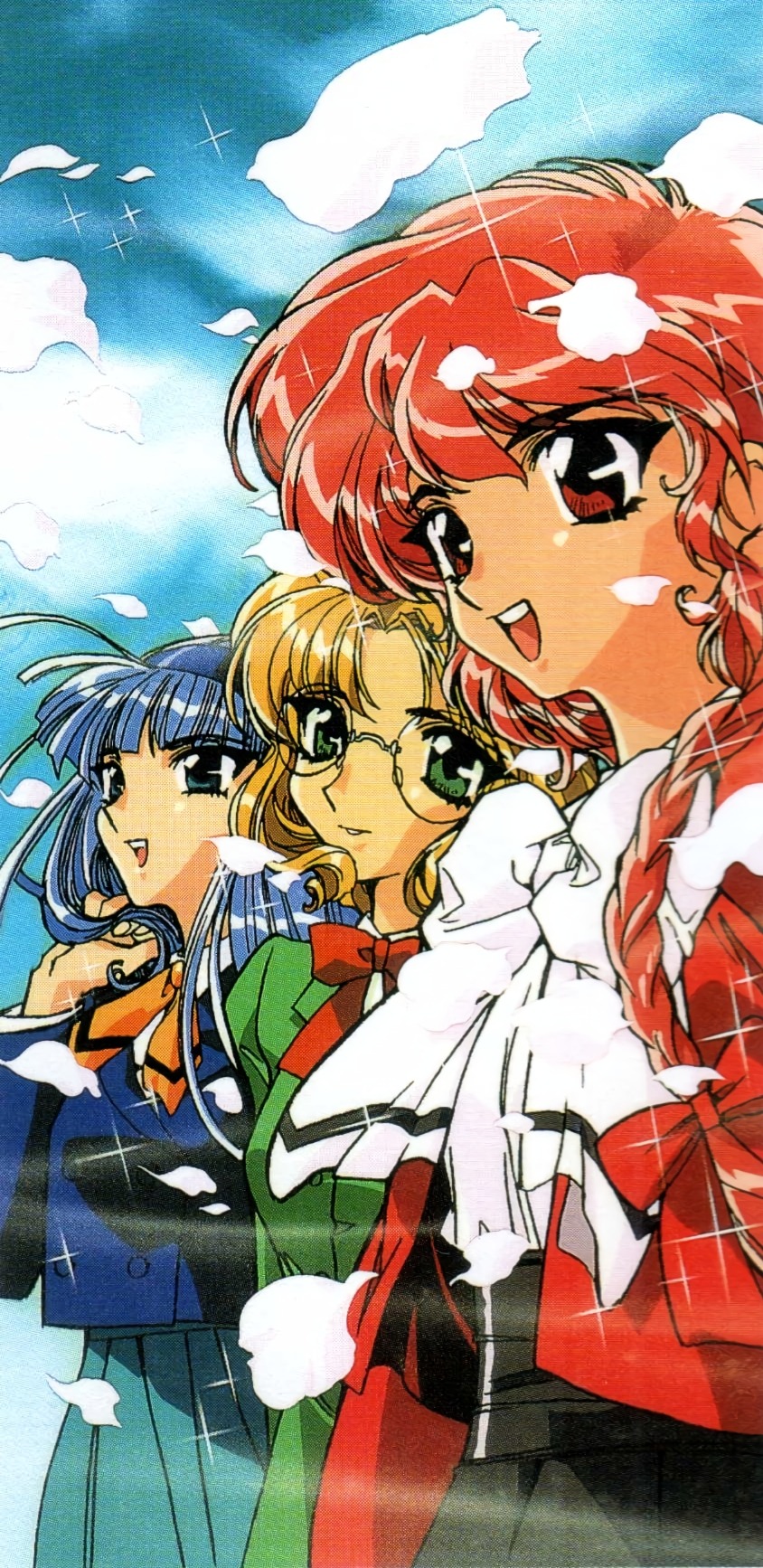 1990s_(style) 3girls artbook blonde_hair blue_eyes blue_hair blue_hairband blue_sky braid falling_petals green_eyes group_picture hairband highres hououji_fuu ishida_atsuko magic_knight_rayearth multiple_girls official_art petals red_eyes red_hair retro_artstyle round_eyewear ryuuzaki_umi scan school_uniform shidou_hikaru single_braid sky sparkle