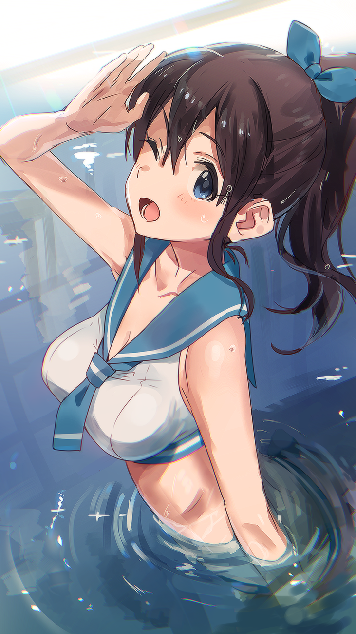 10s 1girl bad_id bad_pixiv_id bikini blue_eyes blush breasts brown_hair cleavage female_focus h@ll highres idolmaster idolmaster_million_live! one_eye_closed open_mouth ponytail sailor_bikini sailor_collar sailor_swimsuit_(idolmaster) satake_minako sketch smile solo swimsuit