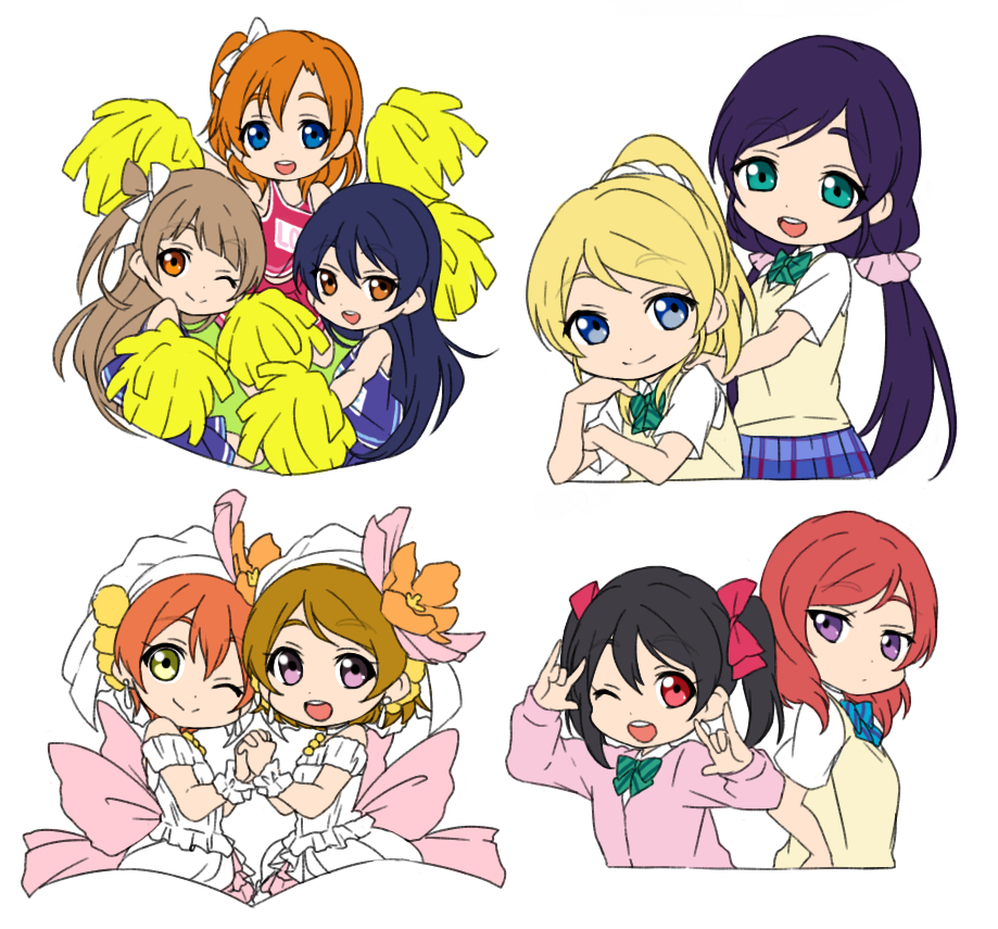 10s \m/ ayase_eli bad_id bad_pixiv_id black_hair blonde_hair blue_eyes bow brown_hair cheerleader double_\m/ dress green_eyes holding_hands happy_maker! hoshizora_rin interlocked_fingers koizumi_hanayo kosaka_honoka long_hair looking_at_viewer love_live! love_live!_school_idol_project minami_kotori nishikino_maki one_eye_closed open_mouth orange_hair pom_pom_(cheerleading) ponytail purple_eyes red_eyes red_hair school_uniform sekina short_hair simple_background smile sonoda_umi tojo_nozomi twintails white_background yazawa_nico