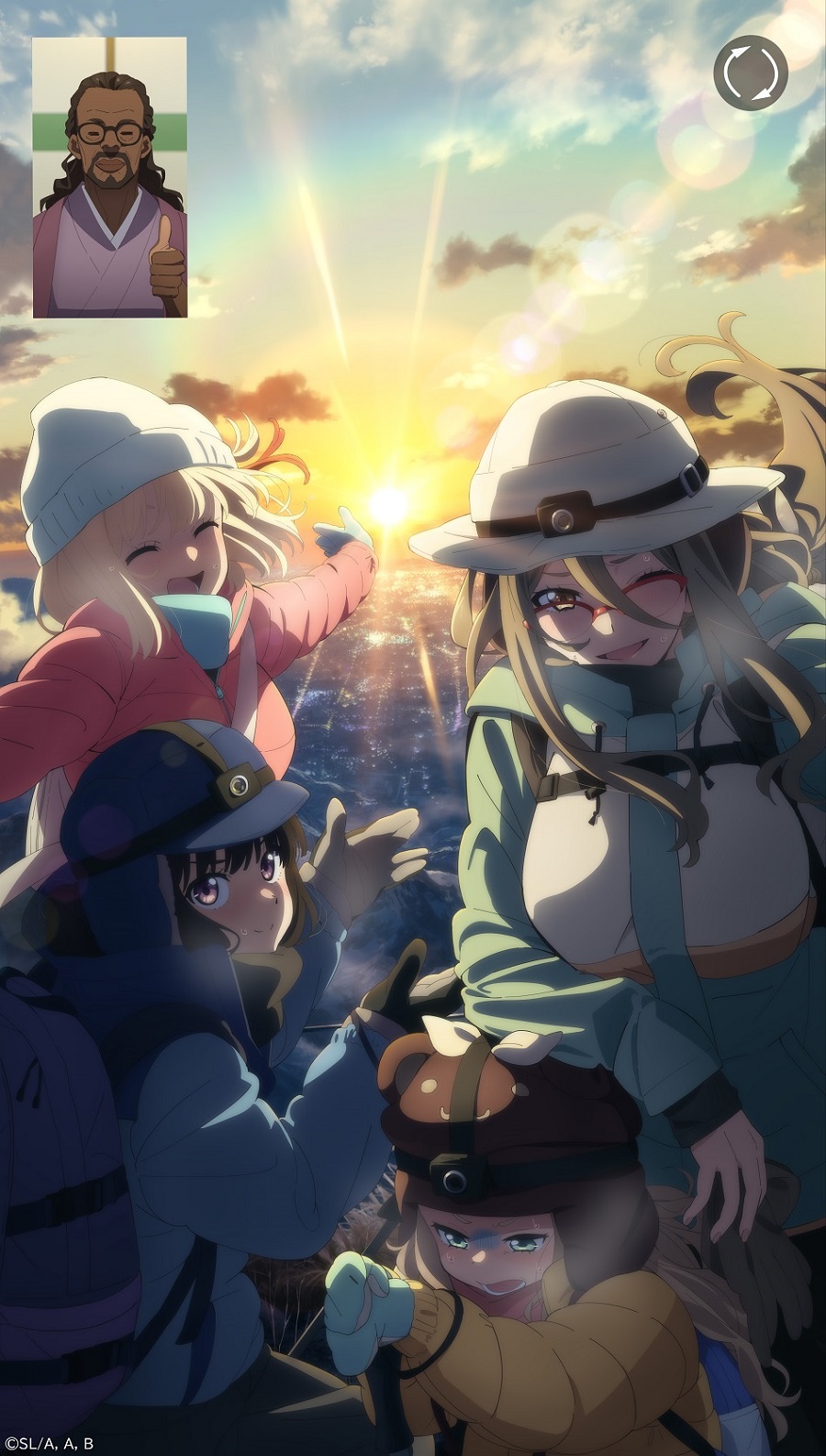 1boy 4girls artist_request black_hair blonde_hair blue_hat brown_eyes brown_hair brown_hat closed_eyes commentary_request dark-skinned_male dark_skin glasses green_eyes hair_ribbon hat highres inoue_takina kurumi_(lycoris_recoil) long_hair lycoris_recoil mika_(lycoris_recoil) multiple_girls nakahara_mizuki nishikigi_chisato one_eye_closed outstretched_arms purple_eyes red-framed_eyewear red_ribbon ribbon scarf semi-rimless_eyewear smile spread_arms sweatdrop thumbs_up white_hat winter_gloves