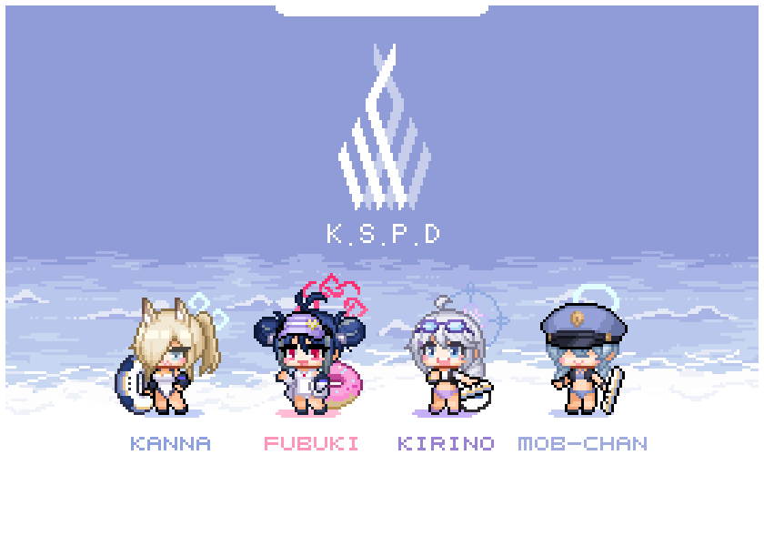 4girls ahoge animal_ear_fluff animal_ears antenna_hair bikini blonde_hair blue_archive blue_eyes blue_hair blue_halo blue_hat character_name closed_mouth competition_swimsuit double_bun eyewear_on_head fubuki_(blue_archive) fubuki_(swimsuit)_(blue_archive) grey_hair hair_bun hair_over_one_eye halo hat innertube kanna_(blue_archive) kanna_(swimsuit)_(blue_archive) kirino_(blue_archive) kirino_(swimsuit)_(blue_archive) lifebuoy long_hair multicolored_hair multiple_girls official_alternate_costume one-piece_swimsuit open_mouth peaked_cap pink_halo pixel_art purple_bikini red_eyes redforge short_hair smile swim_ring swimsuit valkyrie_police_academy_student_(blue_archive) valkyrie_police_academy_student_(sg)_(blue_archive) white_one-piece_swimsuit