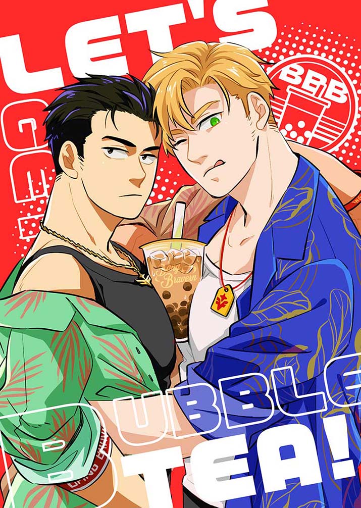 2boys :q ao_isami bara black_hair black_tank_top blonde_hair bubble_tea_challenge carnon12 couple cup disposable_cup drinking_straw facial_hair from_side lewis_smith looking_at_viewer male_focus multiple_boys object_on_pectorals official_alternate_costume pectorals sideburns_stubble stubble tank_top thick_eyebrows toned toned_male tongue tongue_out yaoi yuuki_bakuhatsu_bang_bravern