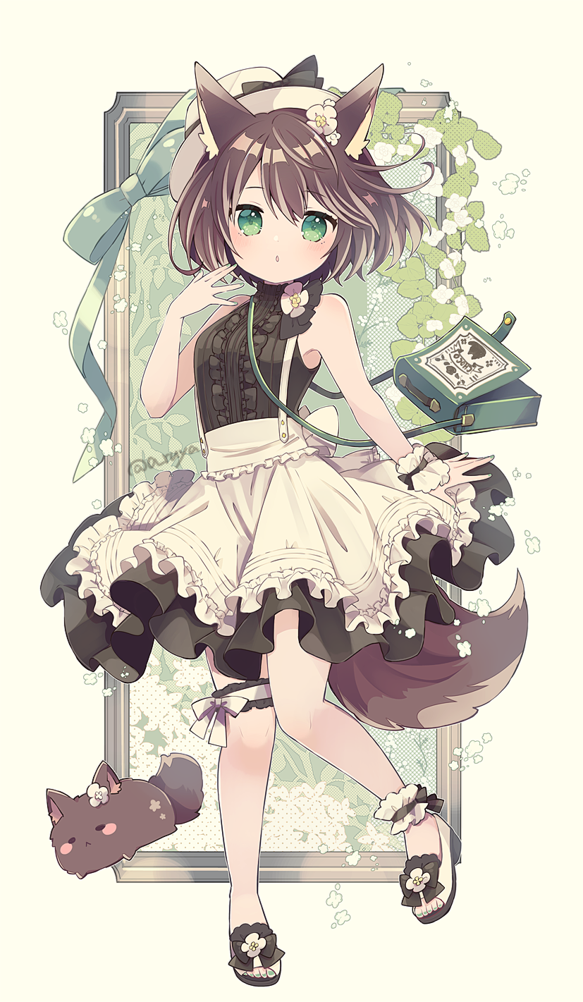 1girl animal animal_ear_fluff animal_ears apron aruya_(flosrota) bag bare_arms bare_shoulders black_dress blush breasts brown_hair center_frills check_commentary commentary commentary_request dog dog_ears dog_girl dog_tail dress flower frilled_apron frills full_body green_eyes green_nails hair_between_eyes hair_flower hair_ornament hand_up hat highres looking_at_viewer nail_polish original parted_lips sandals shoulder_bag single_wrist_cuff sleeveless sleeveless_dress small_breasts solo standing standing_on_one_leg tail toenail_polish toenails white_apron white_flower white_footwear white_hat wrist_cuffs