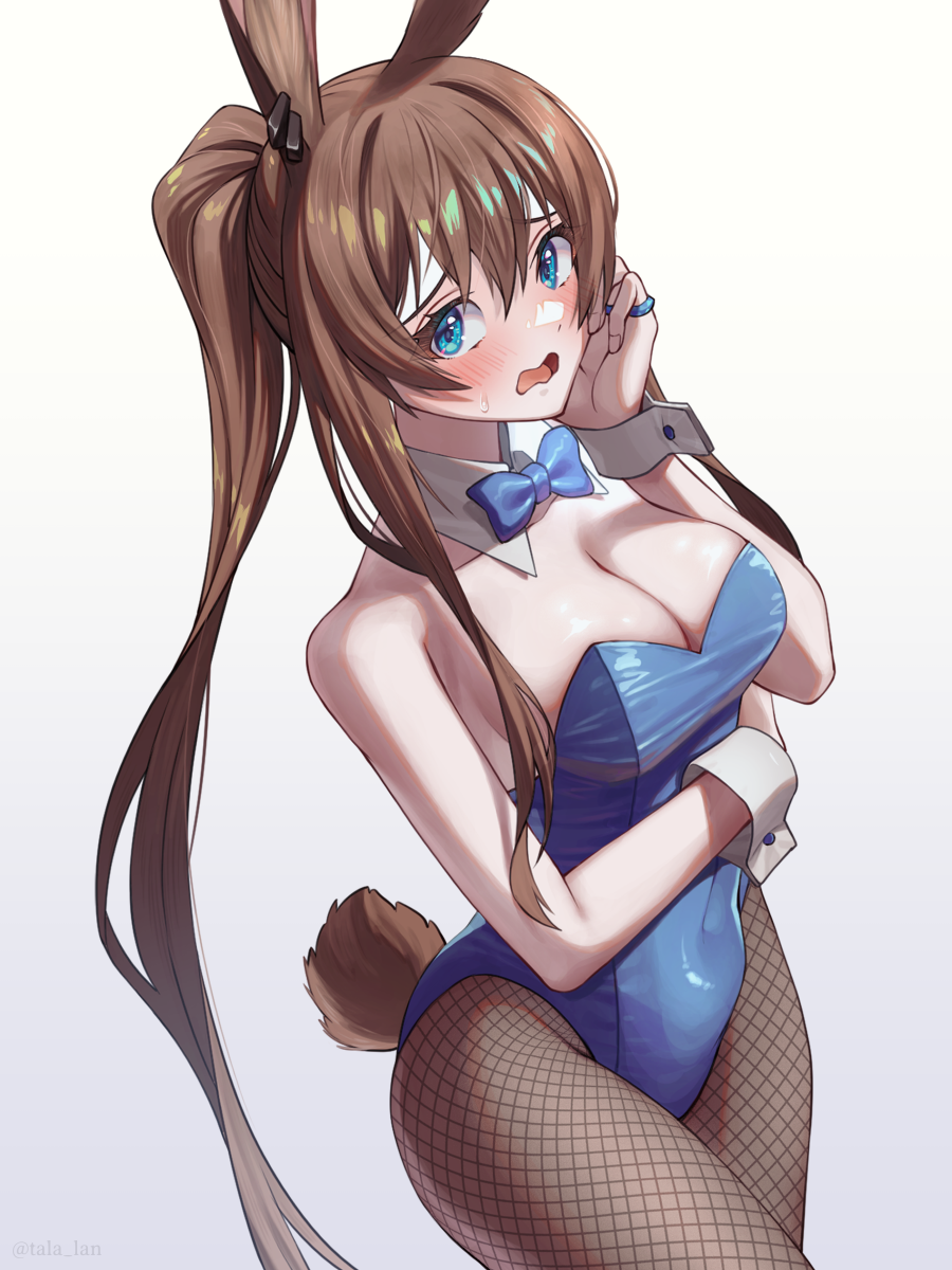 1girl alternate_breast_size amiya_(arknights) animal_ears arknights arm_across_waist blue_bow blue_bowtie blue_eyes blush bow bowtie breasts brown_hair brown_pantyhose brown_tail cleavage clothing_cutout cowboy_shot detached_collar embarrassed fingernails hair_between_eyes highres jewelry leotard long_hair looking_at_viewer medium_breasts multiple_rings open_mouth pantyhose playboy_bunny ponytail rabbit_ears rabbit_girl rabbit_tail ring sidelocks simple_background solo strapless strapless_leotard sweatdrop tail tail_through_clothes tanagawa_makoto traditional_bowtie twitter_username very_long_hair wavy_mouth white_background