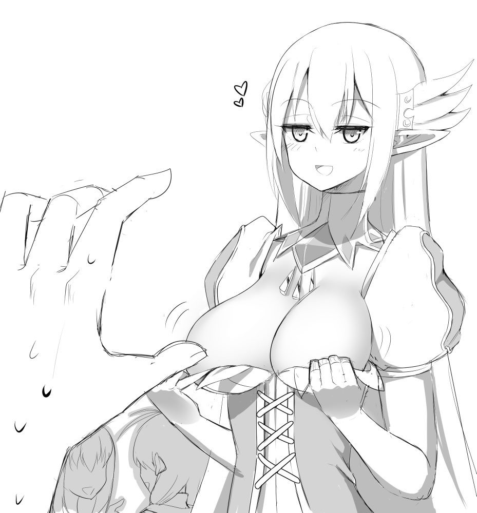 blush breasts cleavage covering_privates covering_breasts elf elsword grand_archer_(elsword) greyscale hand_up monochrome monochrome pointy_ears removing rena_erindel sketch smile sweat teasing veca