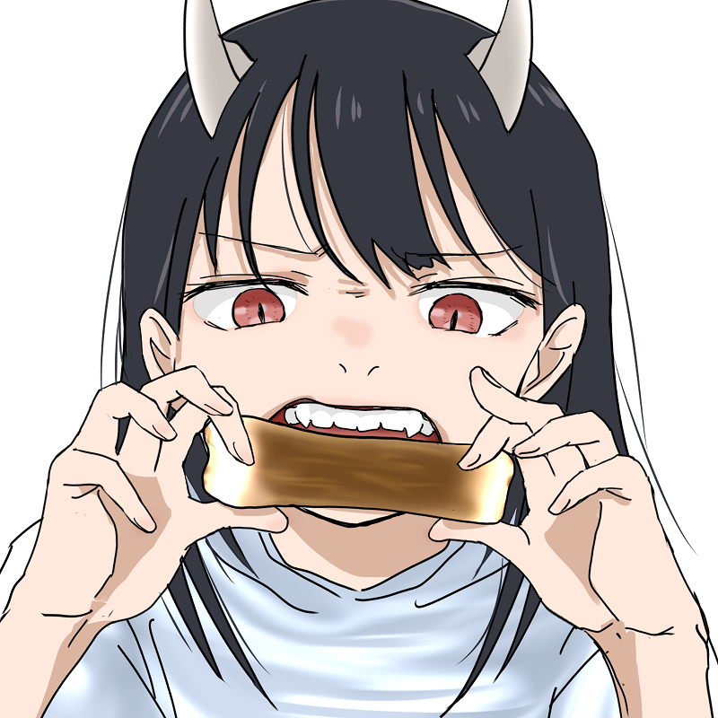 1girl aoki_ruri black_hair eating fangs hands_up horns open_mouth red_eyes ruri_(ruri_) ruri_dragon simple_background solo white_background