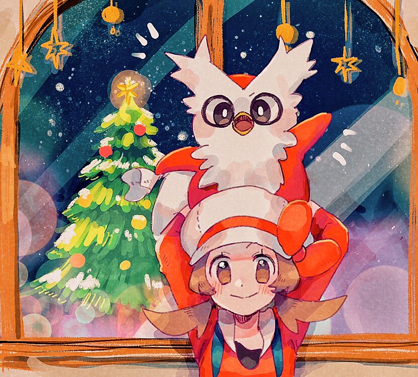 1girl arms_up blush bow brown_eyes brown_hair christmas christmas_tree closed_mouth commentary_request creatures_(company) delibird eyelashes game_freak gen_2_pokemon glowing hanenbo hat hat_ribbon holding holding_pokemon looking_at_viewer lyra_(pokemon) nintendo on_head overalls pokemon pokemon_(creature) pokemon_hgss pokemon_on_head red_bow ribbon sleeves_past_elbows smile star_(symbol) twintails white_headwear