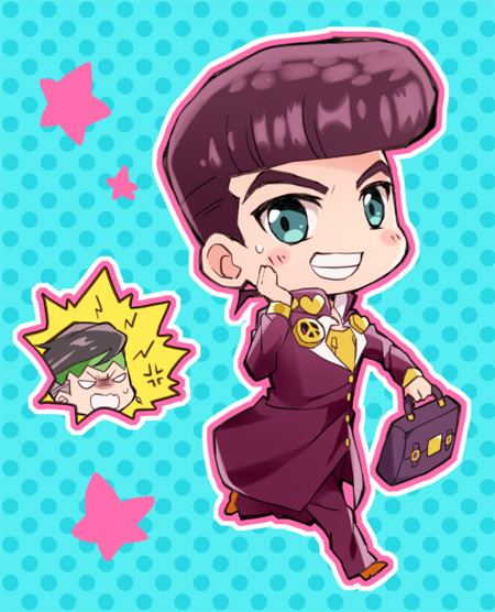 1boy bad_id bad_pixiv_id bag blue_eyes blush bookbag chibi chibi_inset danemaru gakuran higashikata_josuke jojo_no_kimyou_na_bouken kishibe_rohan pompadour purple_hair school_uniform