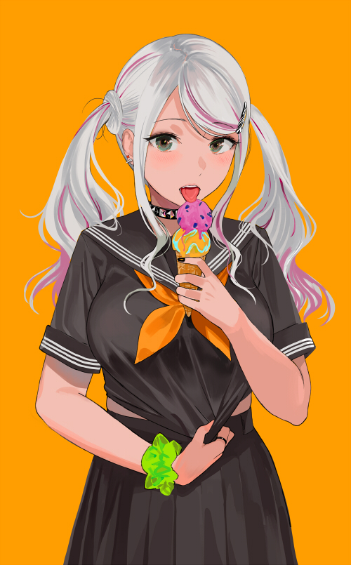 1girl black_nails breasts choker earrings food green_eyes hair_ornament hairclip holding holding_food holding_ice_cream ice_cream jewelry large_breasts licking looking_at_viewer medium_breasts multicolored_hair orange_background original pink_hair pleated_skirt ring sasamori_tomoe school_uniform scrunchie serafuku simple_background skirt solo teeth tongue tongue_out twintails two-tone_hair white_hair wrist_scrunchie