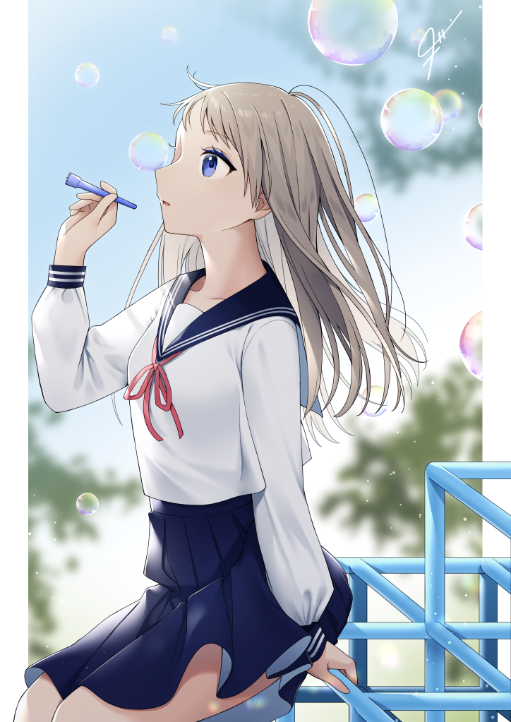 1girl blue_eyes blue_sailor_collar blue_skirt blue_sky bubble collarbone grey_hair holding konogi_nogi light_particles long_sleeves medium_hair messy_hair open_mouth original pleated_skirt puffy_long_sleeves puffy_sleeves red_ribbon ribbon sailor_collar school_uniform serafuku signature sitting skirt sky solo thighs tree