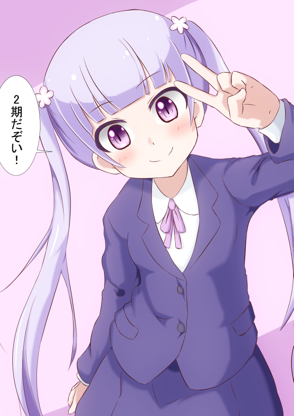 ! 1girl breasts business_suit closed_mouth dot_nose feet_out_of_frame female_focus formal_clothes long_hair long_sleeves looking_at_viewer new_game! purple_eyes purple_hair small_breasts smile solo standing suit suzukaze_aoba translation_request twintails v