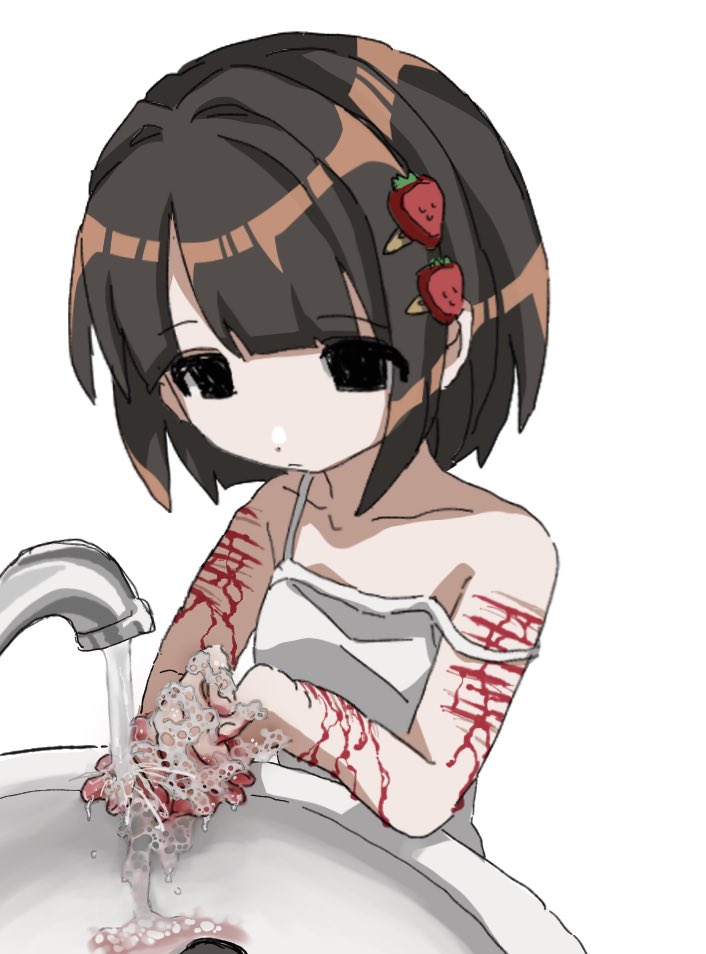 1girl black_eyes blood brown_hair camisole commentary cuts empty_eyes english_commentary food-themed_hair_ornament hair_ornament hairclip injury looking_down original own_hands_together self-harm shinsekai_(z_o10) short_hair sink solo strap_slip strawberry_hair_ornament washing_hands water wrist_cutting