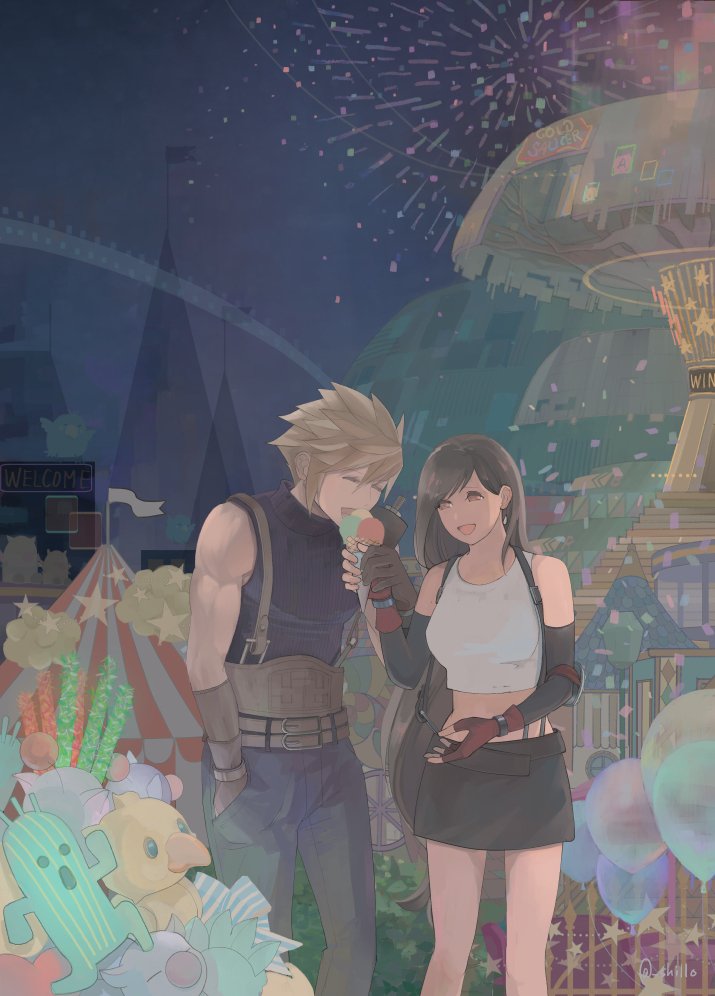 1boy 1girl aerial_fireworks armor balloon bare_legs bare_shoulders black_hair black_skirt black_sleeves blonde_hair blue_pants blue_sweater breasts brown_gloves brown_hair building chocobo closed_eyes cloud cloud_strife commentary confetti couple crop_top detached_sleeves earrings feeding feet_out_of_frame final_fantasy final_fantasy_vii fingerless_gloves fireworks food gloves gold_saucer_(final_fantasy) hair_behind_ear hand_in_pocket holding holding_food holding_ice_cream_cone ice_cream_cone jewelry long_hair looking_at_another low-tied_long_hair medium_breasts midriff miniskirt moogle night night_sky open_mouth outdoors pants red_eyes red_gloves sabotender shillo short_hair shoulder_armor single_earring skirt sky sleeveless sleeveless_turtleneck smile spiked_hair standing star_(symbol) stuffed_toy suspender_skirt suspenders sweater tank_top tifa_lockhart turtleneck turtleneck_sweater twitter_username very_long_hair white_tank_top