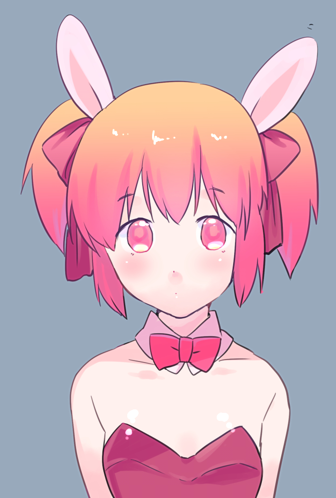 10s 1girl animal_ears bow bowtie fake_animal_ears female_focus kaname_madoka leotard mahou_shoujo_madoka_magica mahou_shoujo_madoka_magica_(anime) momoko_(palemon) pink_eyes pink_hair playboy_bunny rabbit_ears short_twintails simple_background solo twintails upper_body