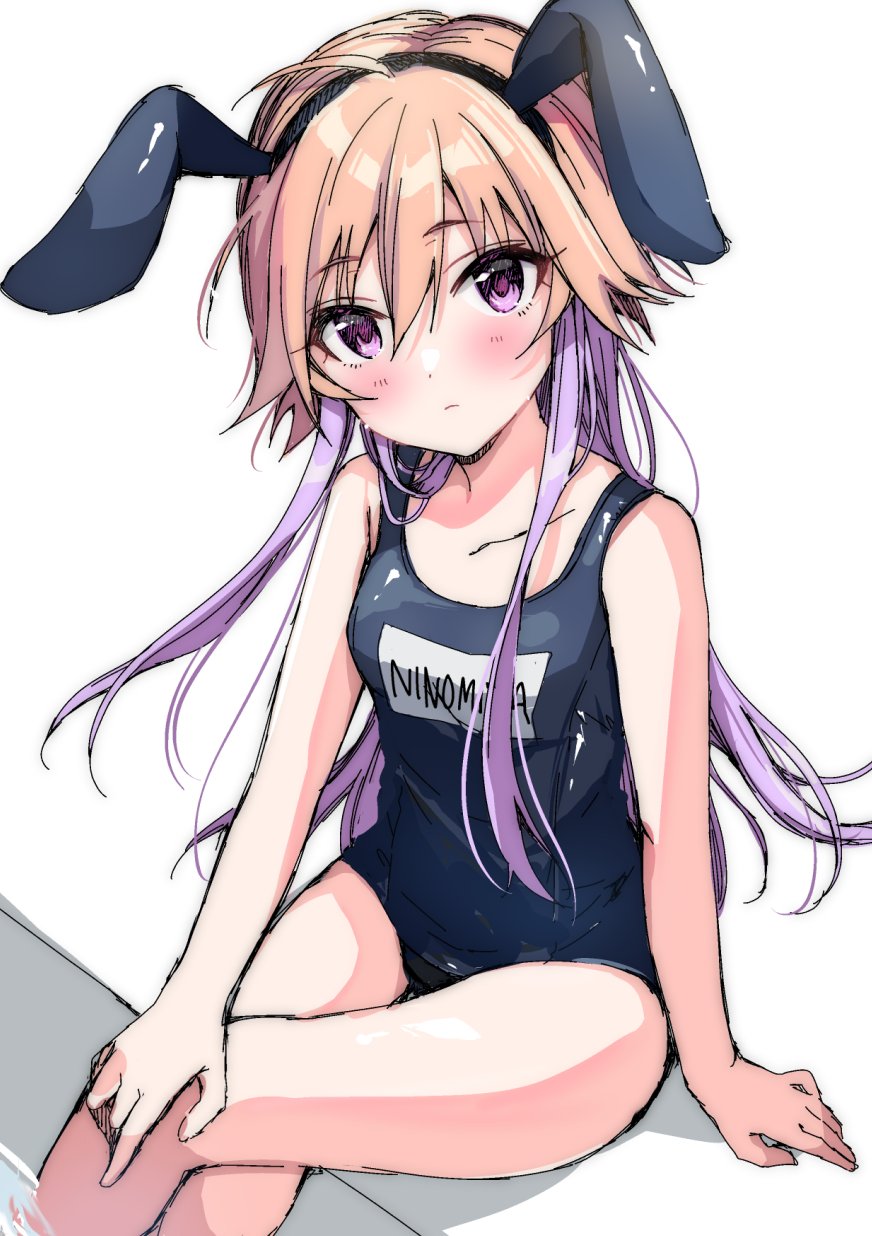 1girl animal_ear_hairband animal_ears arm_support bare_arms bare_shoulders black_hairband black_one-piece_swimsuit blush breasts closed_mouth clothes_writing collarbone commentary_request crossed_legs dot_nose fake_animal_ears hair_between_eyes hair_flaps hairband hand_on_own_knee highres idolmaster idolmaster_cinderella_girls long_hair looking_at_viewer multicolored_hair ninomiya_asuka nuno_kire one-piece_swimsuit orange_hair pink_eyes purple_hair rabbit_ear_hairband rabbit_ears simple_background sitting small_breasts solo swimsuit two-tone_hair