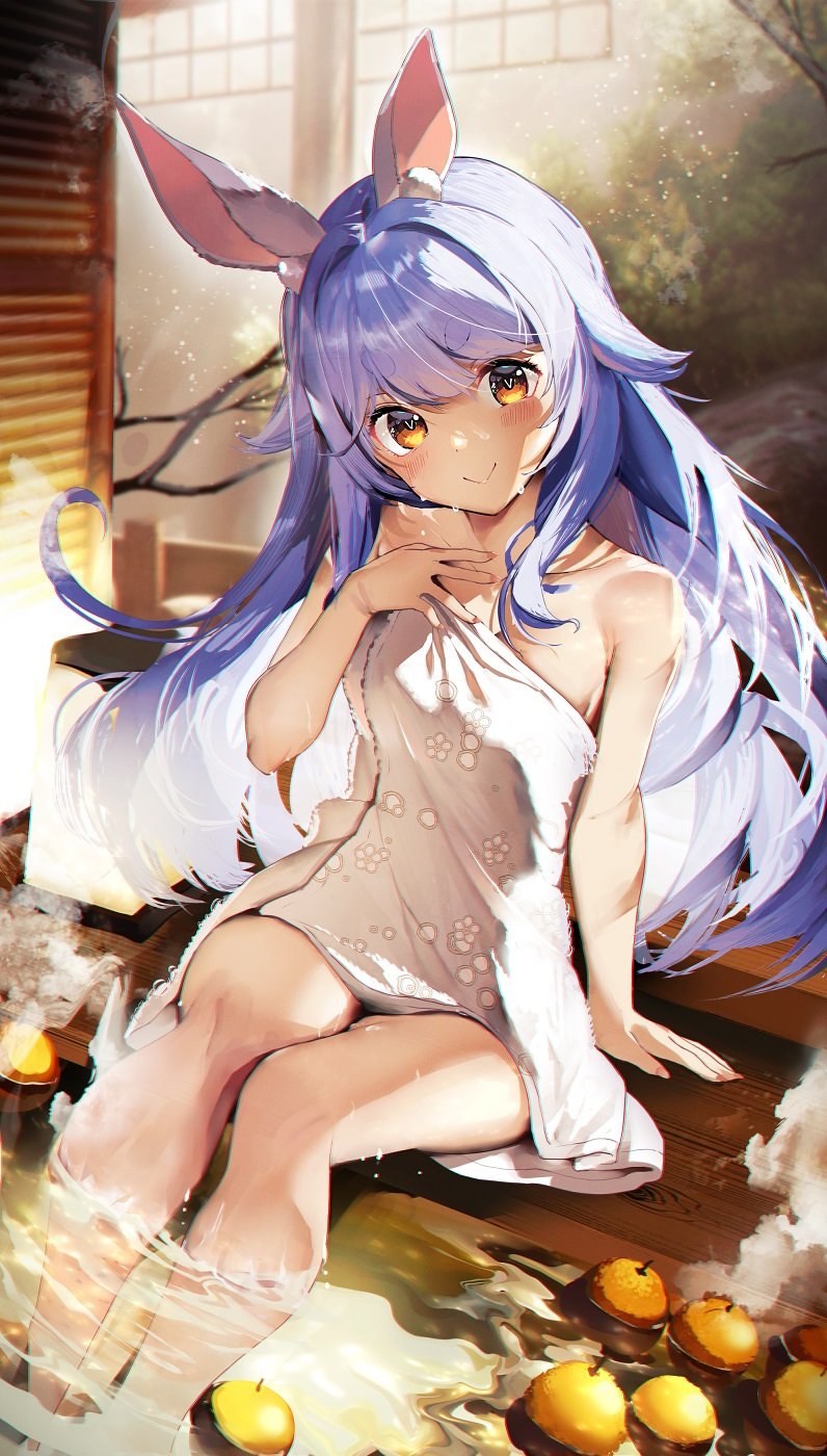 1girl animal_ear_fluff animal_ears blue_hair blush breasts closed_mouth collarbone covering_privates food fruit fruit_on_liquid haruhina_purple highres hololive long_hair looking_at_viewer medium_breasts naked_towel nude_cover onsen orange_eyes rabbit_ears rabbit_girl sitting soaking_feet solo steam thick_eyebrows towel usada_pekora virtual_youtuber water wet yuzu_(fruit) yuzu_bath