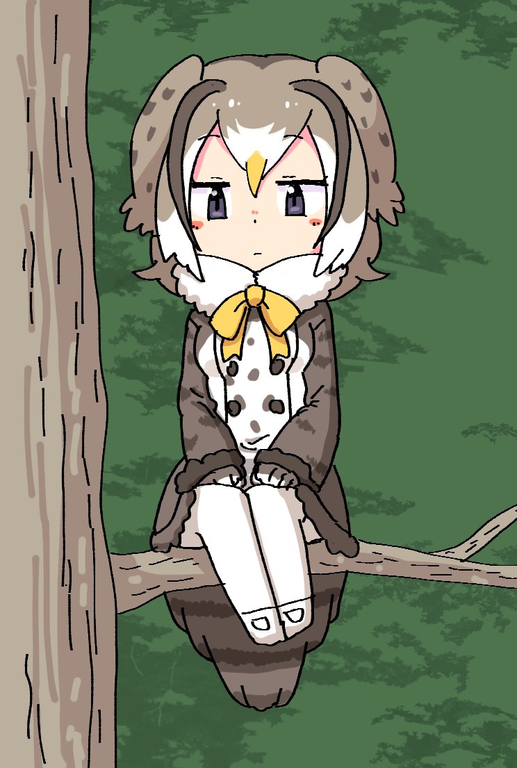 1girl bird_girl brown_hair forest forest_owlet_(kemono_friends) head_wings in_tree kemono_friends multicolored_hair nature owl_girl pozesuke ribbon sitting sitting_in_tree tree wings