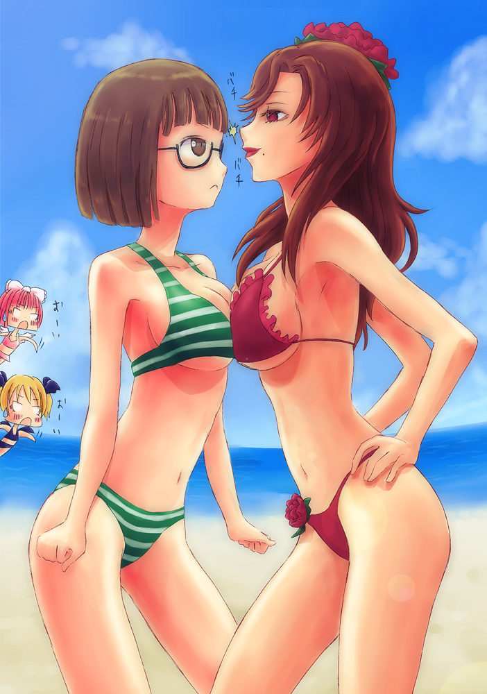 4girls 966 armpits bad_id bad_pixiv_id beach bikini blonde_hair blush breast_press breasts brown_eyes brown_hair casper_(deathsmiles) chibi cleavage collarbone day deathsmiles follett_(deathsmiles) glasses hands_on_own_hips multiple_girls navel outdoors pink_hair red_eyes rosa_(deathsmiles) striped_bikini striped_clothes sweatdrop swimsuit symmetrical_docking windia_(deathsmiles) wings