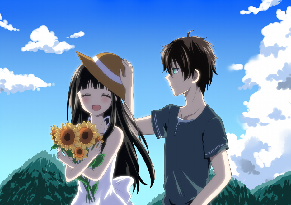 10s 1boy 1girl black_hair casual chitanda_eru dress closed_eyes flower hat hyouka kokonogi_kisara long_hair oreki_houtarou short_hair sunflower