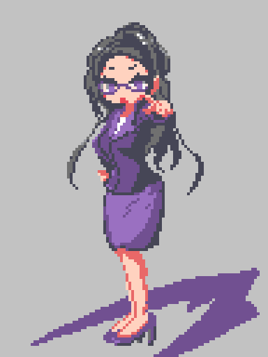 1girl arisugawa_reika black_hair blazer blush breasts commentary_request etcetera_777 full_body gems_company glasses grey_background hand_on_own_hip high_heels jacket large_breasts long_hair looking_at_viewer open_mouth pixel_art pointing pointing_at_viewer purple-framed_eyewear purple_eyes purple_footwear purple_jacket purple_skirt raised_eyebrow simple_background skirt solo standing virtual_youtuber