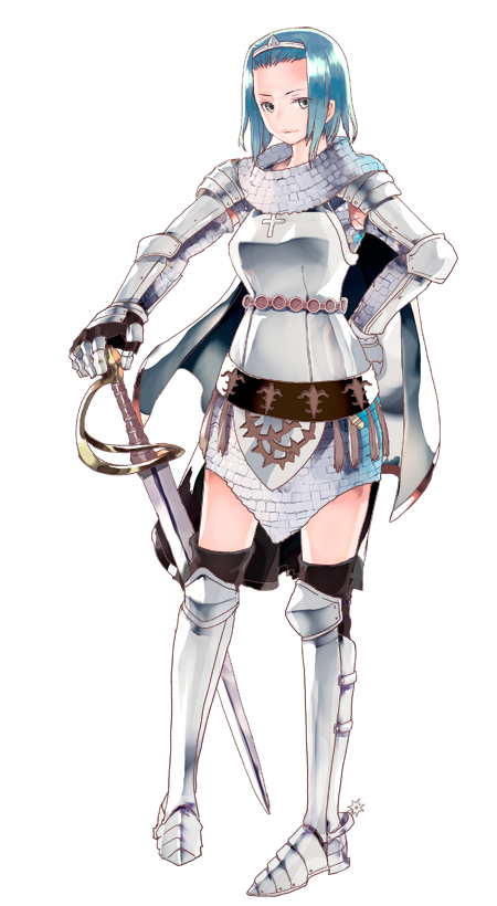 1girl armor armored_boots armored_skirt bangs_pinned_back belt black_belt black_thighhighs blue_armor blue_hair boots breastplate cape chainmail circlet closed_mouth full_body gauntlets grey_cape grey_eyes kiryuu_tsukasa_(citrocube) knight_(ragnarok_online) large_variant_set looking_at_viewer official_art pauldrons pommel ragnarok:_guild_masters ragnarok_online saber_(weapon) short_hair shoulder_armor simple_background smile solo spurs standing sword thighhighs transparent_background variant_set weapon