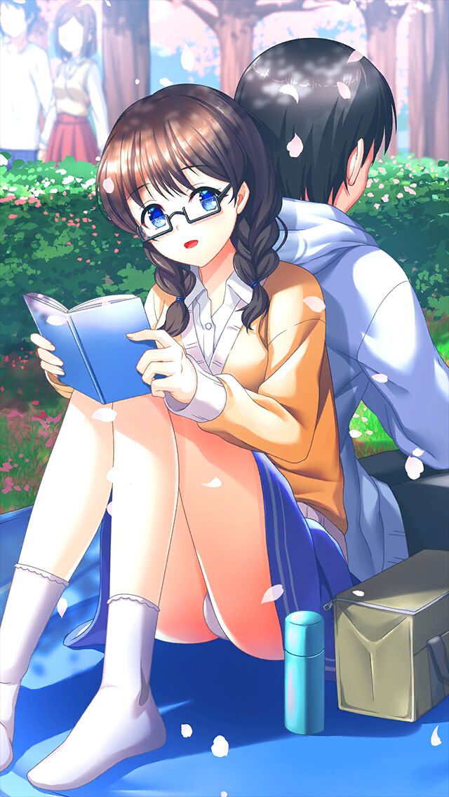 1boy 1girl back-to-back black-framed_eyewear black_hair blue_skirt book braid brown_hair cardigan cherry_blossoms collared_shirt dappled_sunlight doukyuusei_(series) doukyuusei_another_world dress_shirt game_cg glasses hanami holding holding_book hood hood_down hooded_jacket jacket kakyuusei kakyuusei_(series) long_hair long_sleeves miniskirt official_art panties pantyshot rectangular_eyewear shirt short_hair skirt socks souma_ayumi sunlight third-party_source twin_braids underwear white_panties white_shirt white_socks wing_collar yellow_cardigan