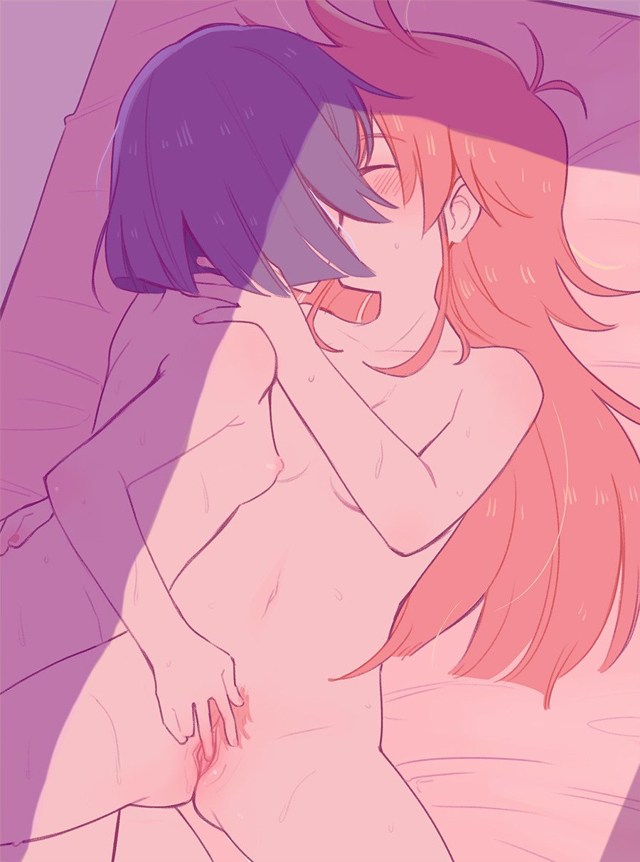 2girls ahoge ange_(angeban93) bed blue_hair bob_cut closed_eyes couple fingering flip_flappers highres kokomine_cocona long_hair multiple_girls nude papika_(flip_flappers) pussy red_hair sex sweat yuri