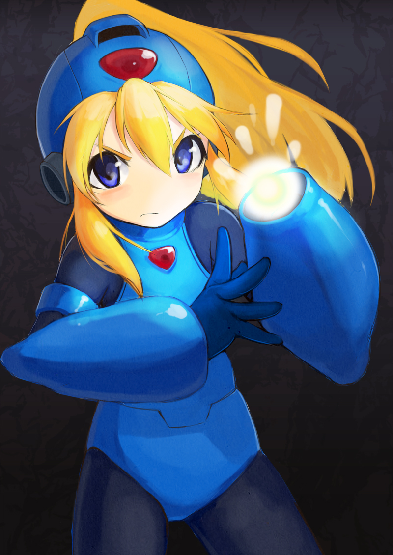 1girl android arm_cannon black_background blonde_hair blue_eyes bodysuit cowboy_shot female_focus helmet long_hair mega_man_(classic) mega_man_(series) no_nose ponytail reeto_(panama) rokko-chan rokko-chan_(character) rokkochan rokkochan_(game) solo weapon