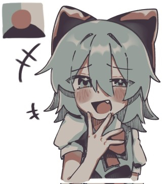 +++ 1girl :d blue_eyes blue_hair blush bow bowtie brown_bow brown_bowtie cirno collared_shirt color_guide commentary_request fang grey_shirt hair_between_eyes hair_bow laughing limited_palette long_bangs looking_at_viewer lowres manatsu_no_yo_no_inmu meme open_mouth puffy_short_sleeves puffy_sleeves shirt short_hair short_sleeves simple_background smile smug solo touhou upper_body white_background yjsnpi_interview_(meme) yume_futon