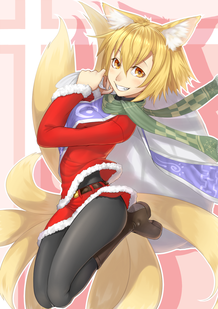 1girl animal_ears belt black_pantyhose blonde_hair boots female_focus fox_ears fox_tail grin jumping md5_mismatch mossari_poteto multiple_tails pantyhose sack santa_costume scarf short_hair skirt smile solo tail touhou yakumo_ran yellow_eyes