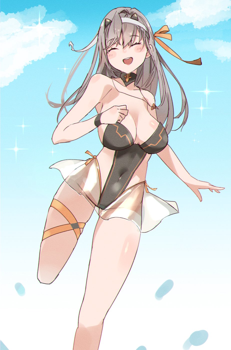 1girl bandaged_head bandages blush breasts casual_one-piece_swimsuit cleavage closed_eyes commentary_request covered_navel goddess_of_victory:_nikke grey_hair hair_ribbon highres large_breasts long_hair modernia_(nikke) ninchan one-piece_swimsuit ribbon smile solo swimsuit yellow_ribbon