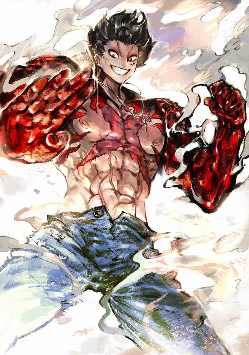 1boy abs black_hair blue_pants burn_scar buttons clenched_hand colored_skin cowboy_shot denim floating_hair gear_fourth gear_fourth:_boundman ghen2212 grin haki hand_up hat jeans looking_at_viewer male_focus monkey_d._luffy multicolored_skin muscular muscular_male nipples one_piece open_clothes open_fly open_pants outstretched_arm pants pectorals red_skin scar shiny_skin short_hair smile solo steam stitches stomach straw_hat topless_male torn_clothes torn_jeans torn_pants unbuttoned