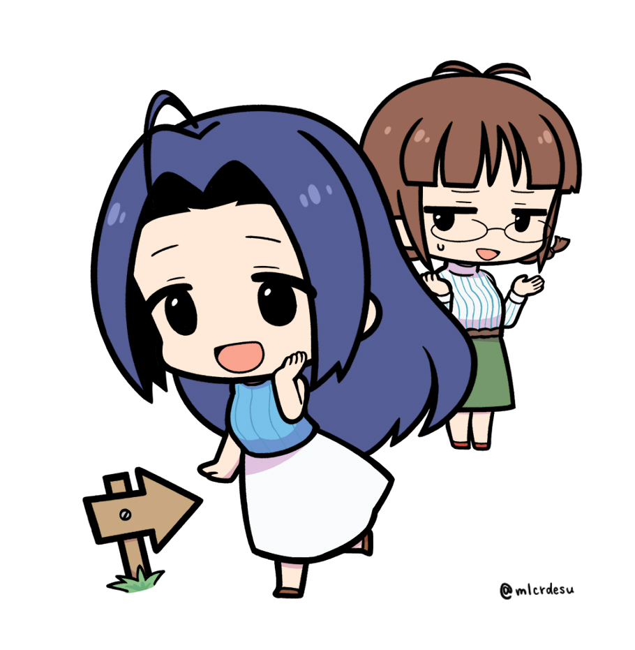 2girls :d akizuki_ritsuko antenna_hair black_eyes blue_shirt blunt_bangs brown_footwear brown_hair chibi chibi_only glasses green_skirt hand_on_own_cheek hand_on_own_face hands_up idolmaster idolmaster_(classic) idolmaster_1 idolmaster_million_live! idolmaster_million_live!_theater_days long_hair long_sleeves merukyara miura_azusa multiple_girls open_mouth red_footwear road_sign shirt sidelocks sign simple_background skirt sleeveless sleeveless_shirt smile striped_clothes striped_shirt sweatdrop vertical-striped_clothes vertical-striped_shirt white_background white_shirt white_skirt yuri