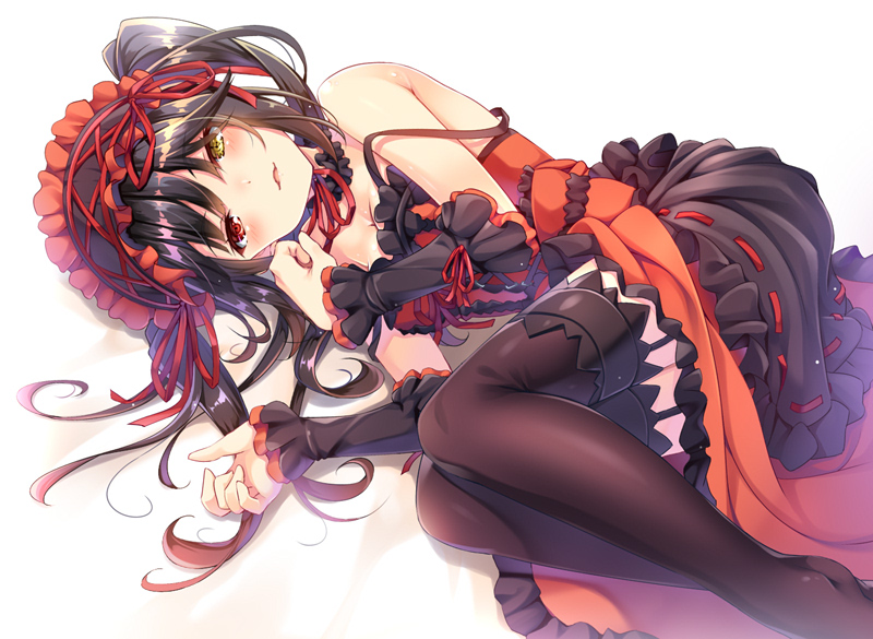 1girl black_hair black_thighhighs blush breasts center_frills cleavage clock_eyes date_a_live detached_collar dress frilled_dress frills garter_straps gothic_lolita hair_ribbon hairband heterochromia lolita_fashion lolita_hairband long_hair looking_at_viewer lying medium_breasts moeki_yuuta naughty_face no_shoes on_side parted_lips red_dress red_eyes red_ribbon ribbon ribbon-trimmed_dress ribbon_trim sleeveless sleeveless_dress smile strap_slip symbol-shaped_pupils thighhighs tokisaki_kurumi twintails yellow_eyes zettai_ryouiki