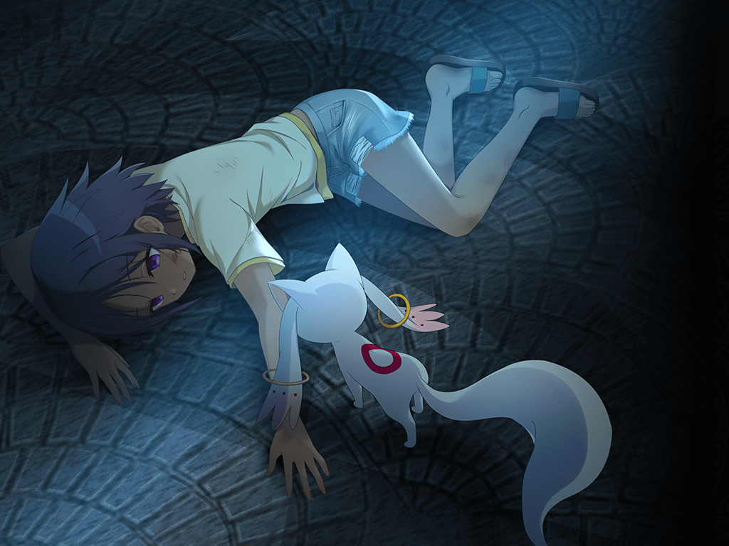 1girl artist_request bare_arms bare_legs black_hair blue_shorts brown_footwear character_request dark-skinned_female dark_skin denim denim_shorts empty_eyes full_body game_cg kyubey light_rays lying magia_record:_mahou_shoujo_madoka_magica_gaiden mahou_shoujo_madoka_magica midriff_peek night official_art on_side outdoors parted_lips purple_eyes sandals shirt short_hair short_sleeves shorts solo_focus t-shirt toes torn_clothes torn_shorts white_shirt