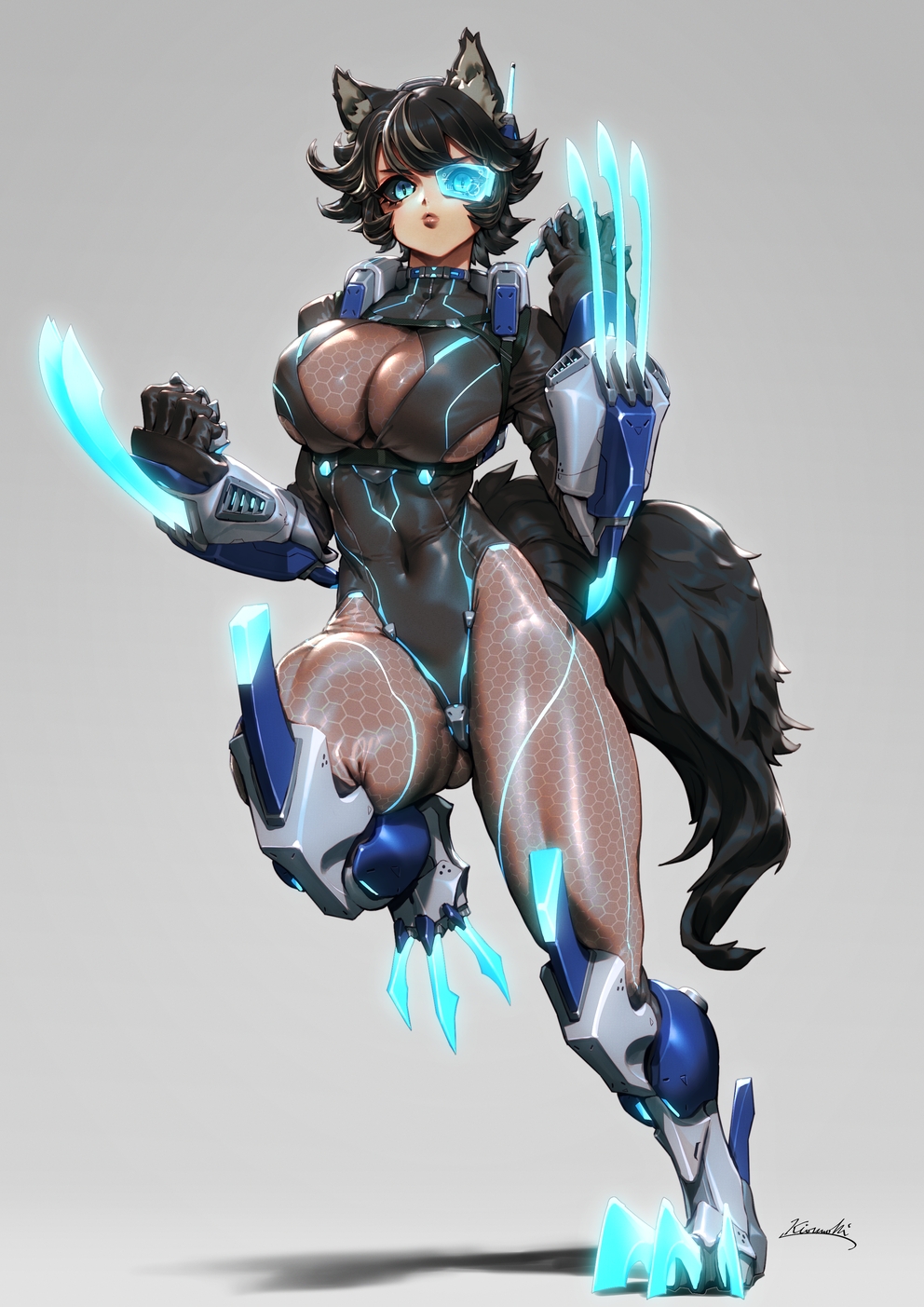 1girl animal_ears armored_boots black_gloves black_hair black_sclera blue_eyes bodysuit boots breasts claw_(weapon) colored_sclera commission dog_ears dog_girl dog_tail gloves grey_background highres kionaoki large_breasts original science_fiction short_hair skin_tight slit_pupils solo tail weapon