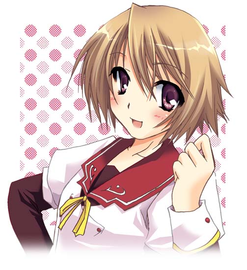 1girl :d bad_source blush breasts brown_hair clenched_hand double_teacher_life hand_on_own_hip medium_breasts open_mouth sasazuka_miyako school_uniform shirt short_hair smile solo white_shirt yamaki_suzu