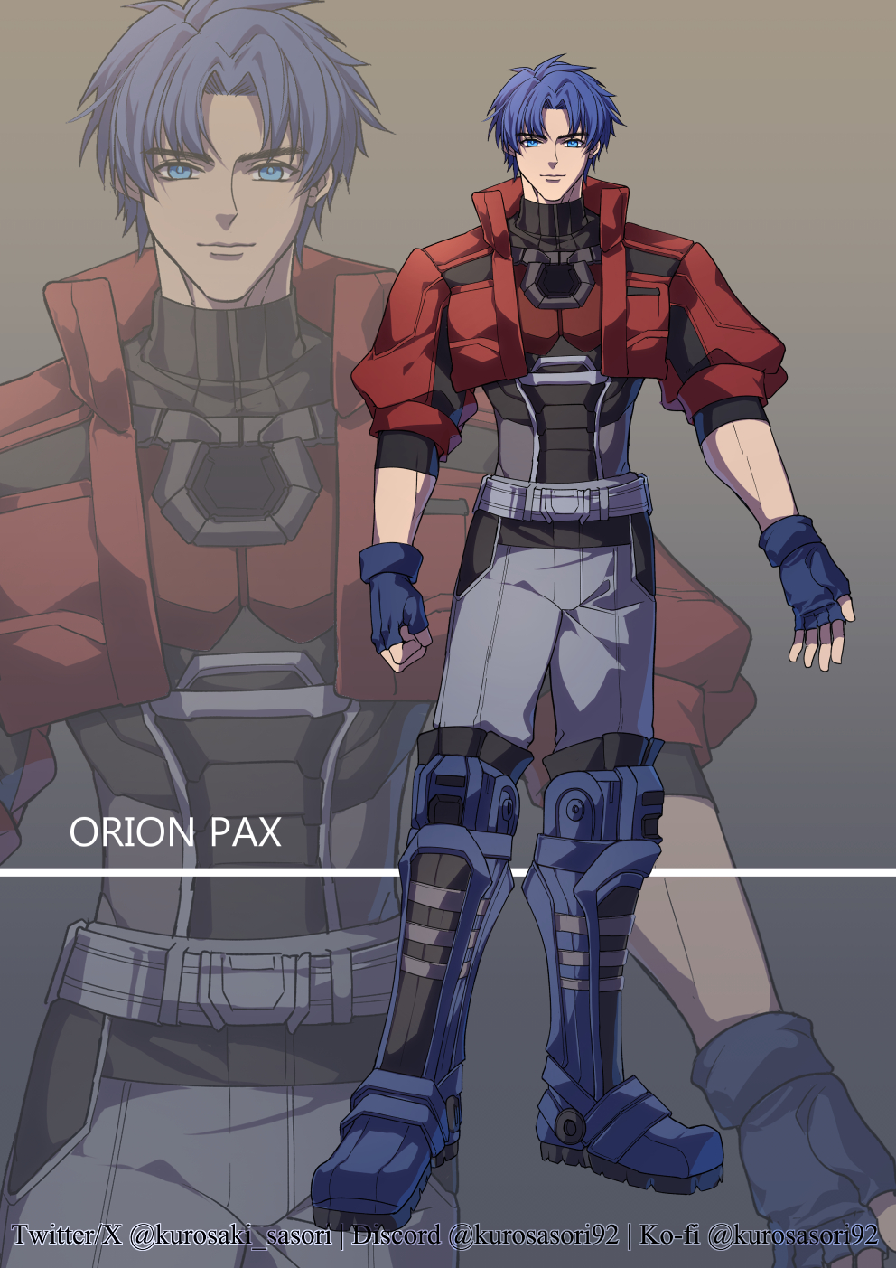 1boy blue_eyes blue_footwear blue_hair clenched_hand highres jacket kurosaki_sasori open_clothes open_hand open_jacket orion_pax orion_pax_(transformers_one) personification red_jacket transformers transformers_one