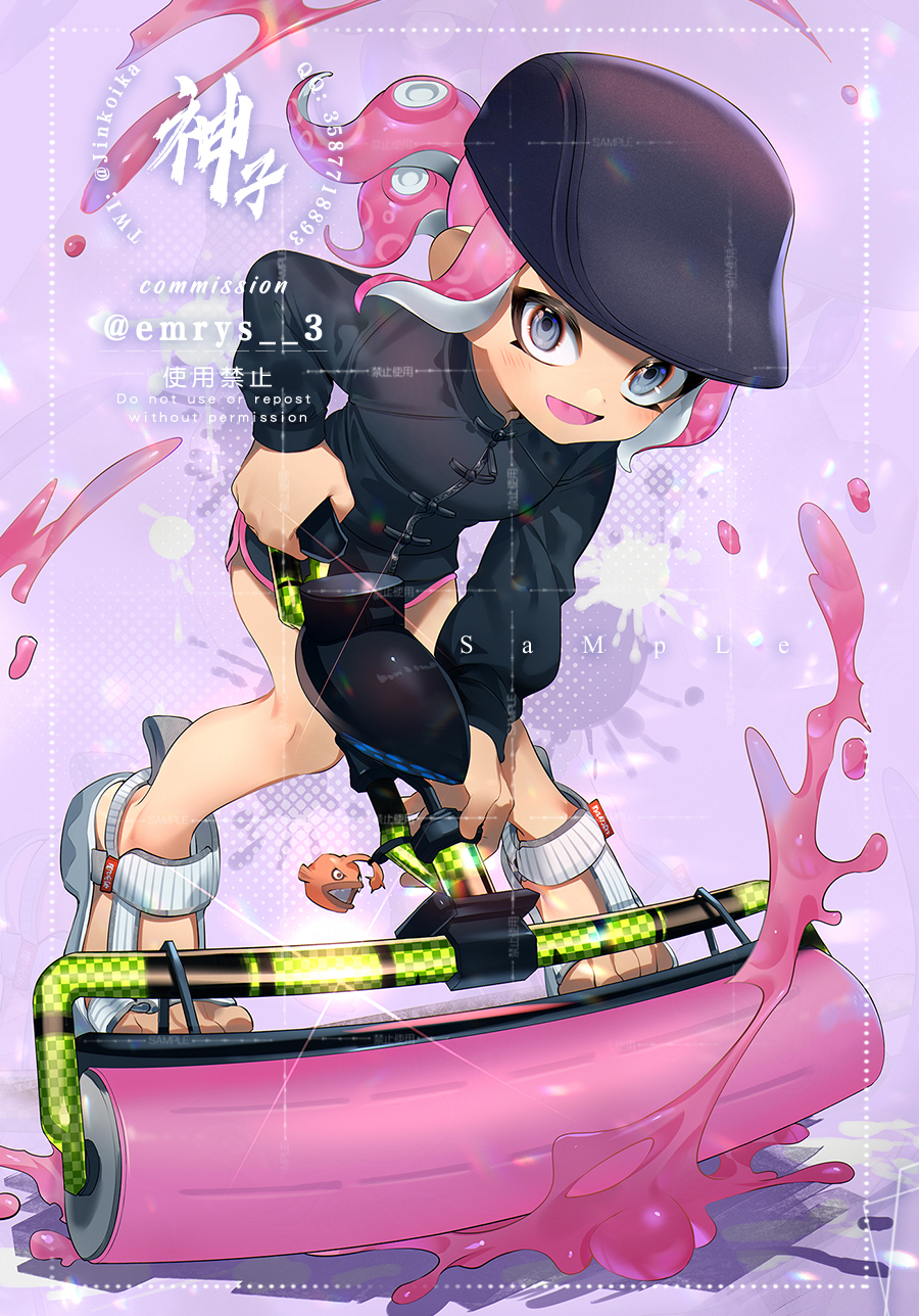 1girl artist_name black_jacket black_shorts blue_hat charm_(object) commentary commission commissioner_name dolphin_shorts flat_cap full_body glint grey_eyes hat hero_roller_(splatoon) highres holding holding_weapon jacket jinkoika leaning_forward long_sleeves looking_at_viewer nintendo octoling octoling_girl octoling_player_character open_mouth pink_background pink_hair ponytail sample_watermark sandals short_hair shorts sidelocks smile solo splatoon_(series) splatoon_2 symbol-only_commentary tentacle_hair watermark weapon white_footwear