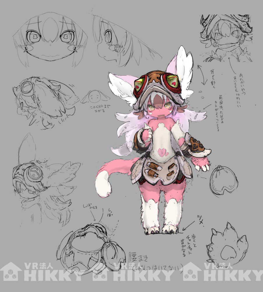 animal_ears brown_hair concept_art copyright_name furry green_eyes hair_between_eyes helmet hikky long_hair looking_at_viewer mokuri multicolored_hair navel pink_hair solo tail tsukushi_akihito wavy_mouth whiskers white_hair