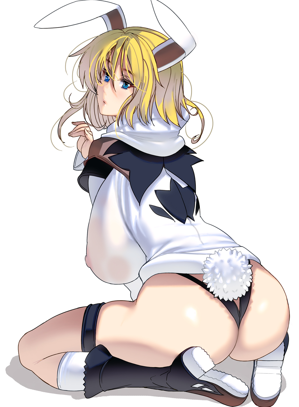 1girl animal_ears ass ass_cutout blonde_hair blue_eyes blush boots breasts clothing_cutout covered_erect_nipples female_focus hanging_breasts highres huge_breasts jacket kono kouno_(masao) looking_at_viewer looking_back open_mouth original rabbit_ears rabbit_tail shiny_skin short_hair sideboob sitting solo tail thighhighs thong wariza