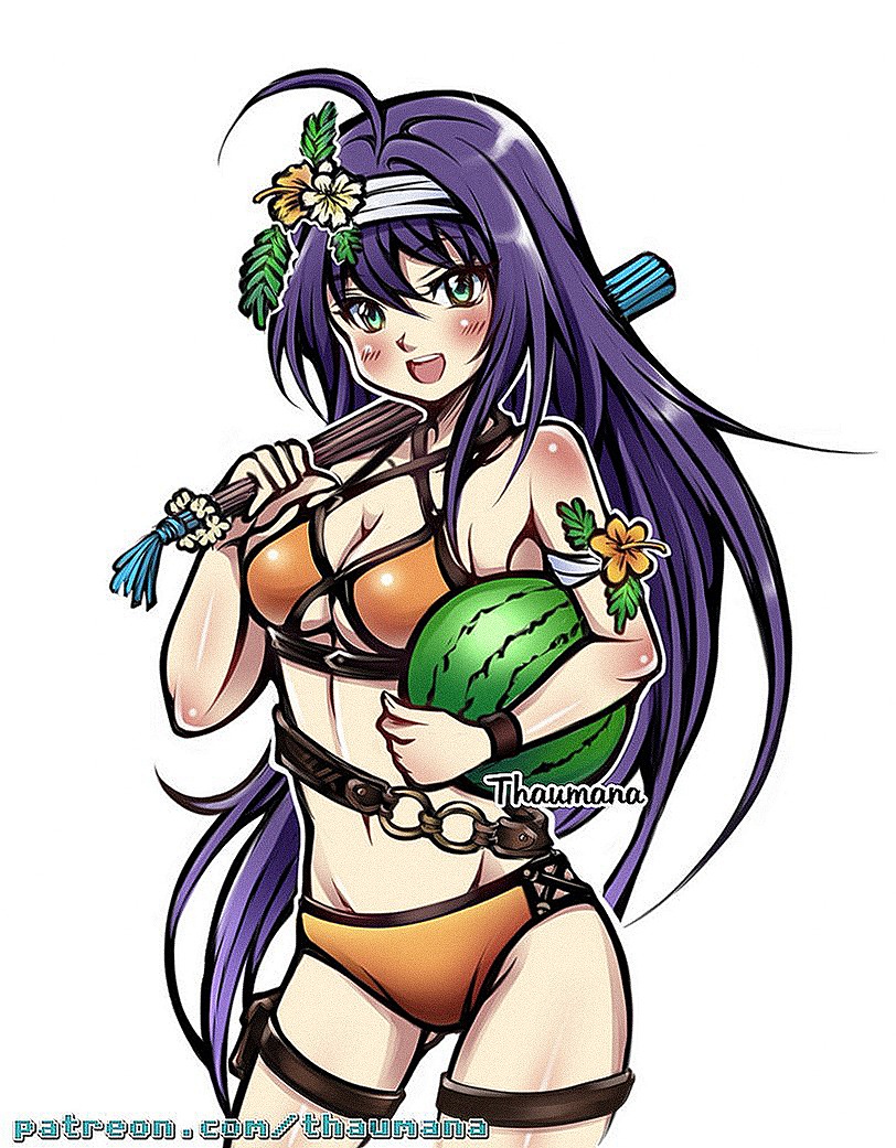 1girl alternate_costume bikini breasts cleavage female female_focus fire_emblem fire_emblem:_path_of_radiance fire_emblem:_radiant_dawn fire_emblem_heroes flower_head_band food fruit gluteal_fold green_eyes long_hair looking_at_viewer medium_breasts mia_(fire_emblem) mia_(summer)_(fire_emblem) nintendo octoppoi official_alternate_costume orange_bikini orange_swimsuit purple_hair smile swimsuit thaumana very_long_hair watermelon