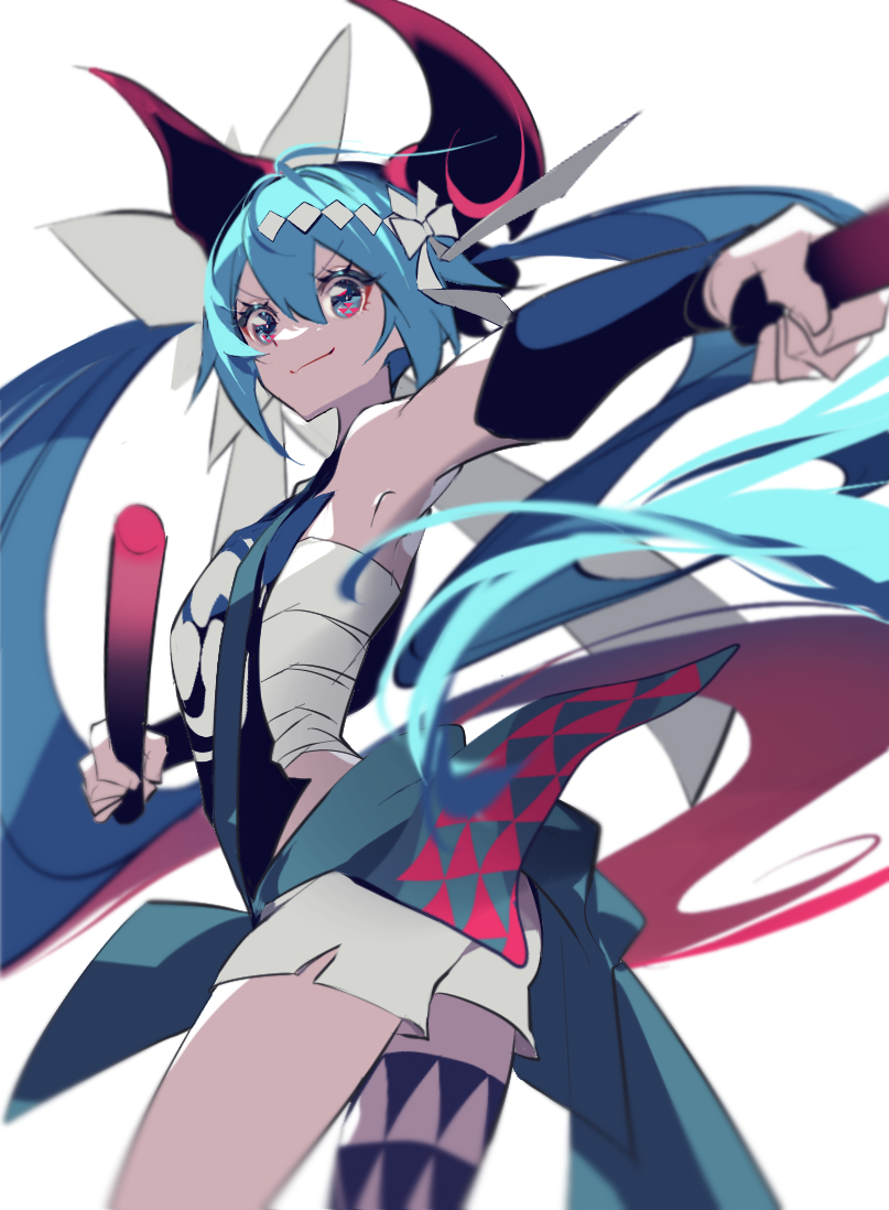 1girl armpits bare_shoulders blue_eyes blue_hair closed_mouth commentary cowboy_shot drumsticks from_side hachimaki hair_ribbon hatsune_miku hatsune_miku_x_kodo headband holding holding_drumsticks horns japanese_clothes leg_tattoo long_hair looking_at_viewer manbou_no_ane mitsudomoe_(shape) nejiri_hachimaki outstretched_arm ribbon sarashi shide shirt shorts sleeveless sleeveless_shirt smile solo standing symbol_in_eye tattoo tomoe_(symbol) twintails v-shaped_eyebrows very_long_hair vocaloid white_background white_ribbon white_shorts wrist_guards