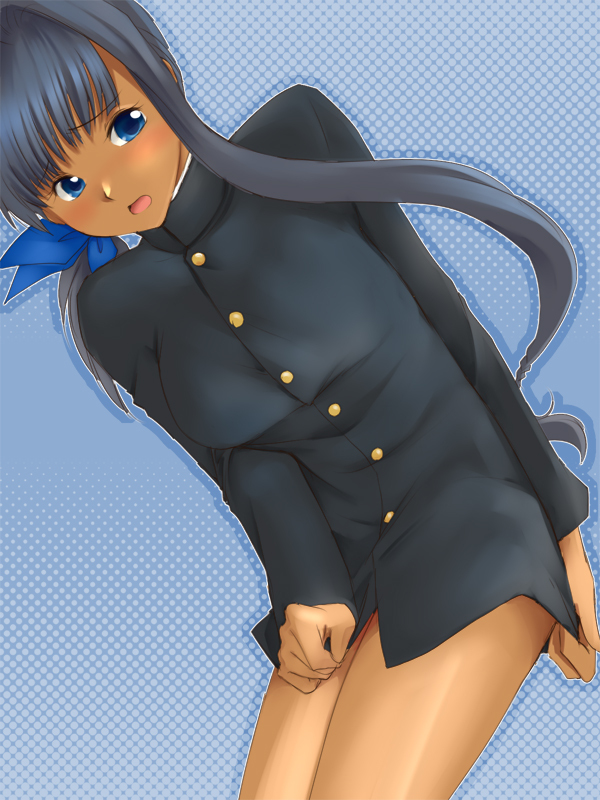 1girl biruteratai black_hair blue_eyes blush bottomless breasts covering_privates dark-skinned_female dark_skin embarrassed female_focus gakuran large_breasts long_hair original school_uniform solo yagisaka_seto