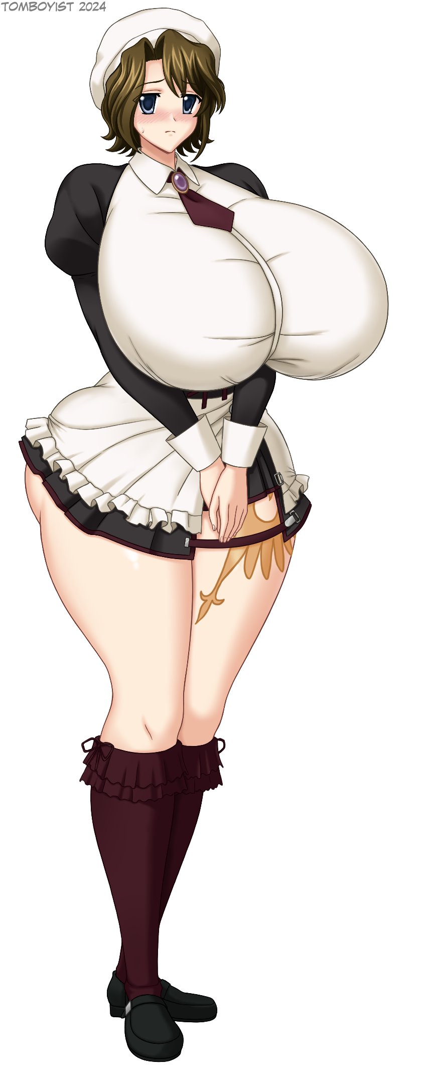 07th_expansion apron ass blue_eyes breasts brown_hair leg_tattoo maid maid_apron shannon_(umineko) tattoo tomboyist umineko_no_naku_koro_ni