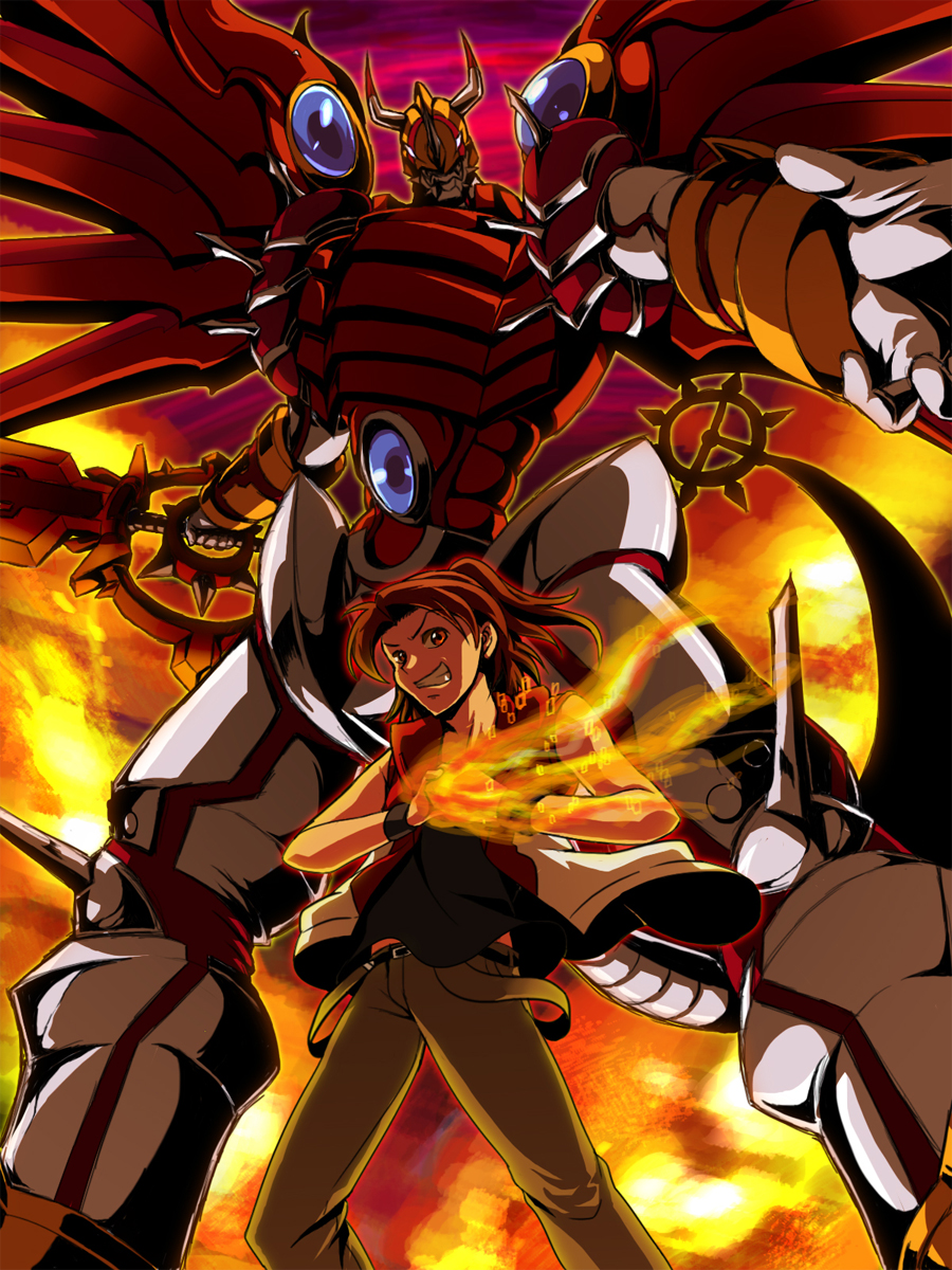 armor brown_hair claws daimon_masaru_(digimon_savers) digimon digimon_savers fire full_armor gauntlets helmet highres horns male_focus monster ponytail shinegreymon smile tail wings