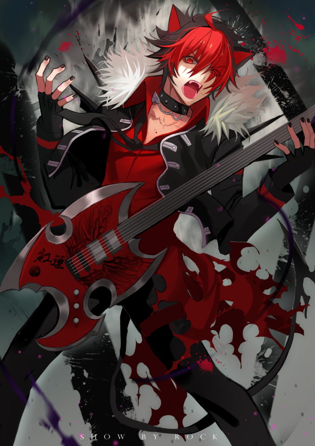 10s 1boy animal_ears black_hair crow_(show_by_rock!!) dyed_bangs fangs fingerless_gloves gloves male_focus mingou91 multicolored_hair nail_polish red_eyes red_hair show_by_rock!! solo two-tone_hair