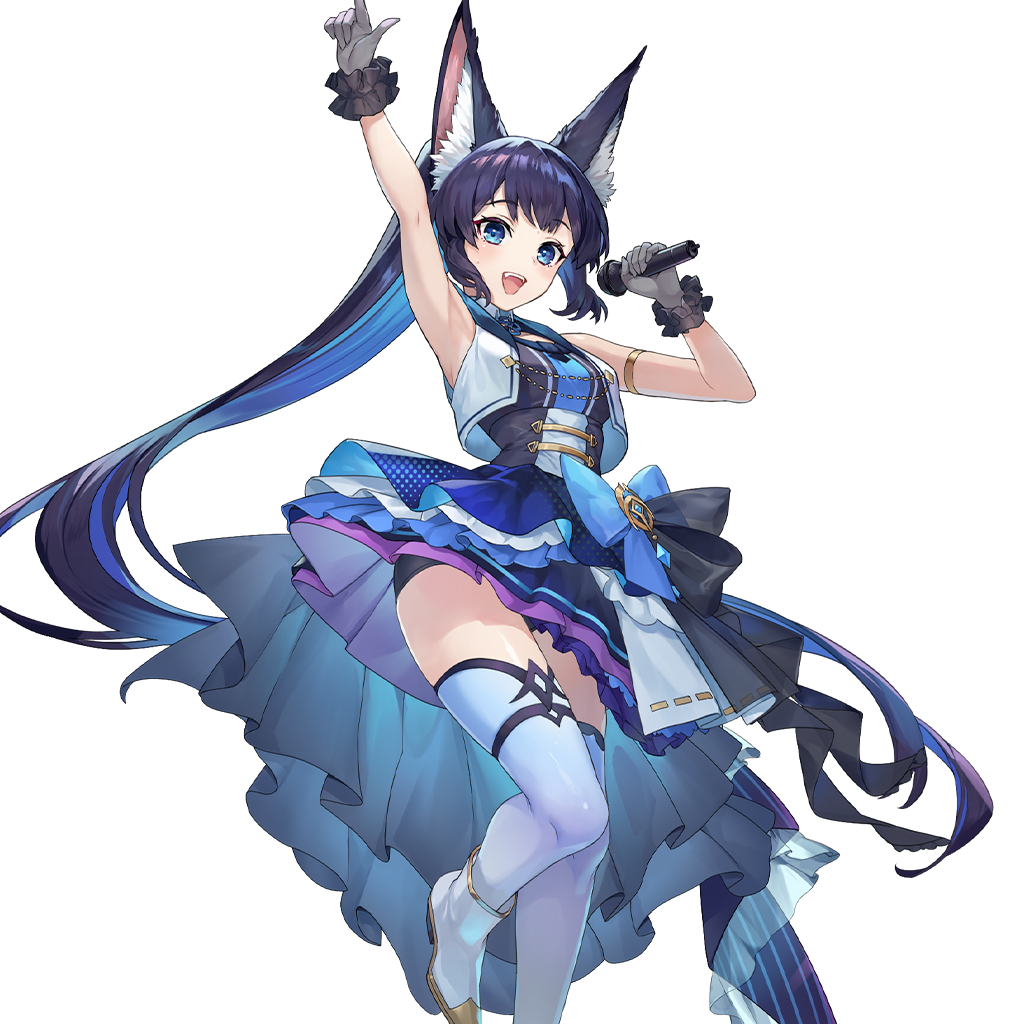 1girl animal_ears armlet blue_dress blue_eyes blue_hair blue_ribbon dress frilled_dress frills gloves grey_gloves hand_up holding holding_microphone idol_clothes izuna_(ragnador) jewelry microphone official_alternate_costume official_art overskirt ragnador ribbon short_dress simple_background sleeveless solo thighhighs third-party_source