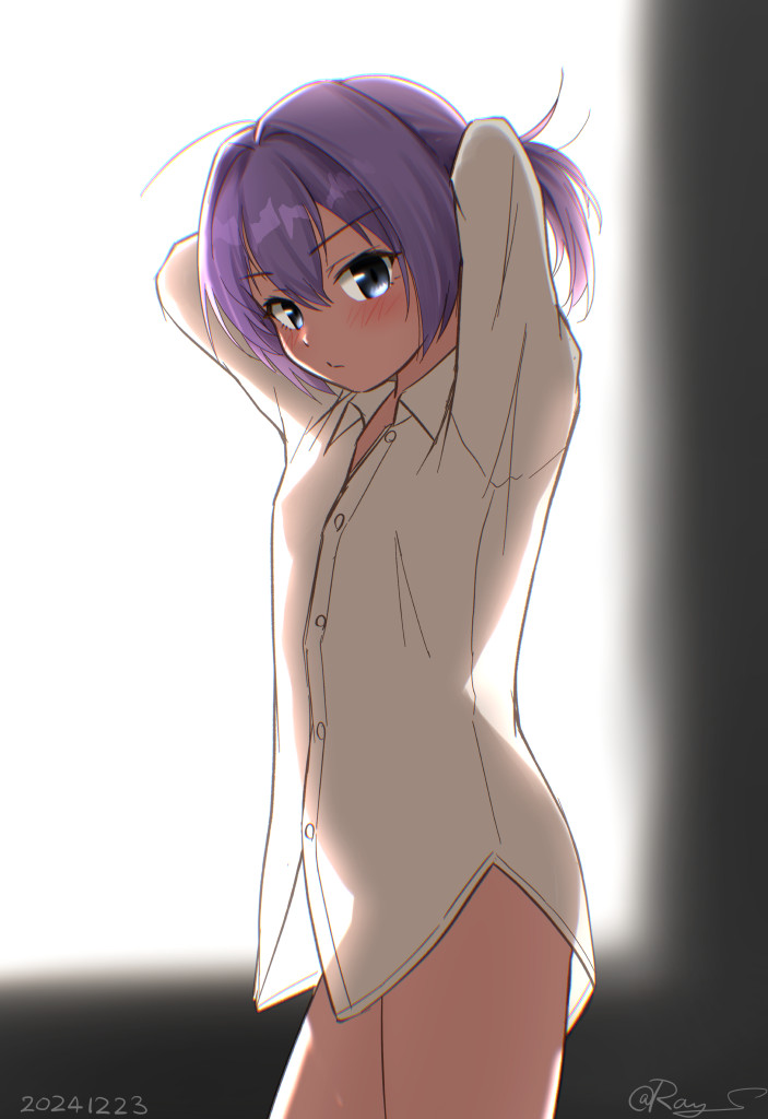 1girl breasts collared_shirt commentary_request dress_shirt hair_intakes kantai_collection looking_at_viewer naked_shirt one-hour_drawing_challenge ponytail purple_hair ray.s see-through_silhouette shiranui_(kancolle) shirt short_hair small_breasts solo white_shirt